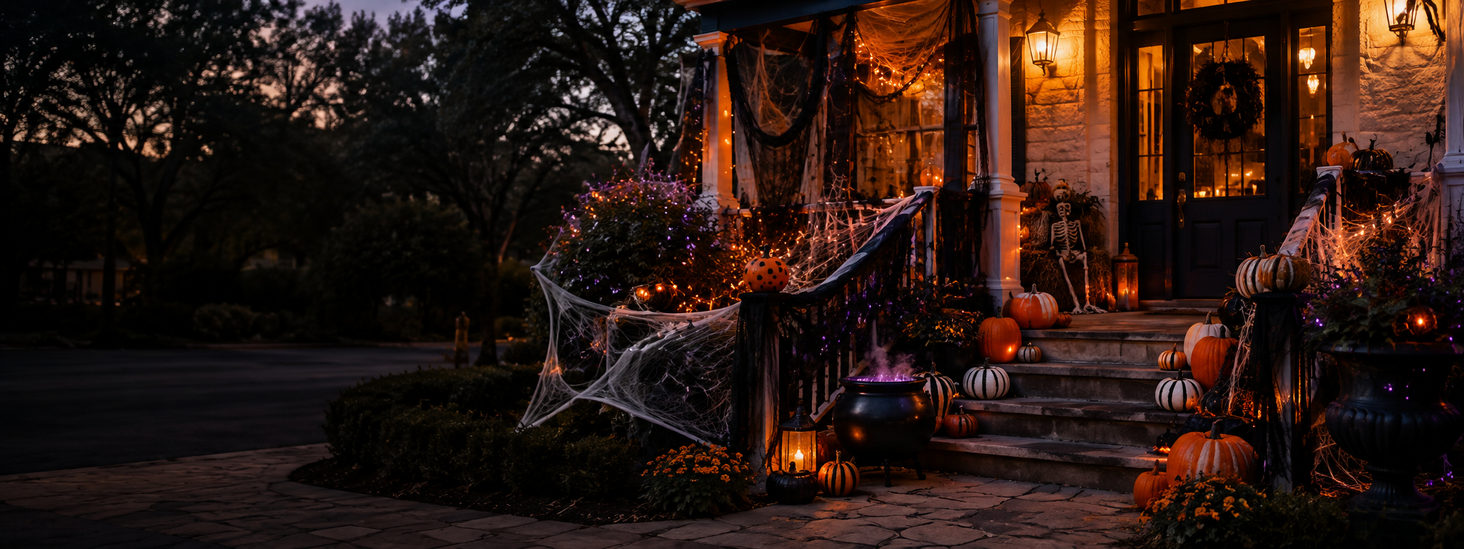 A front porch at dusk decorated for Halloween, with pumpkins, spiderwebs, string lights, a cauldron, and warm wall lights. No people or animals are present.