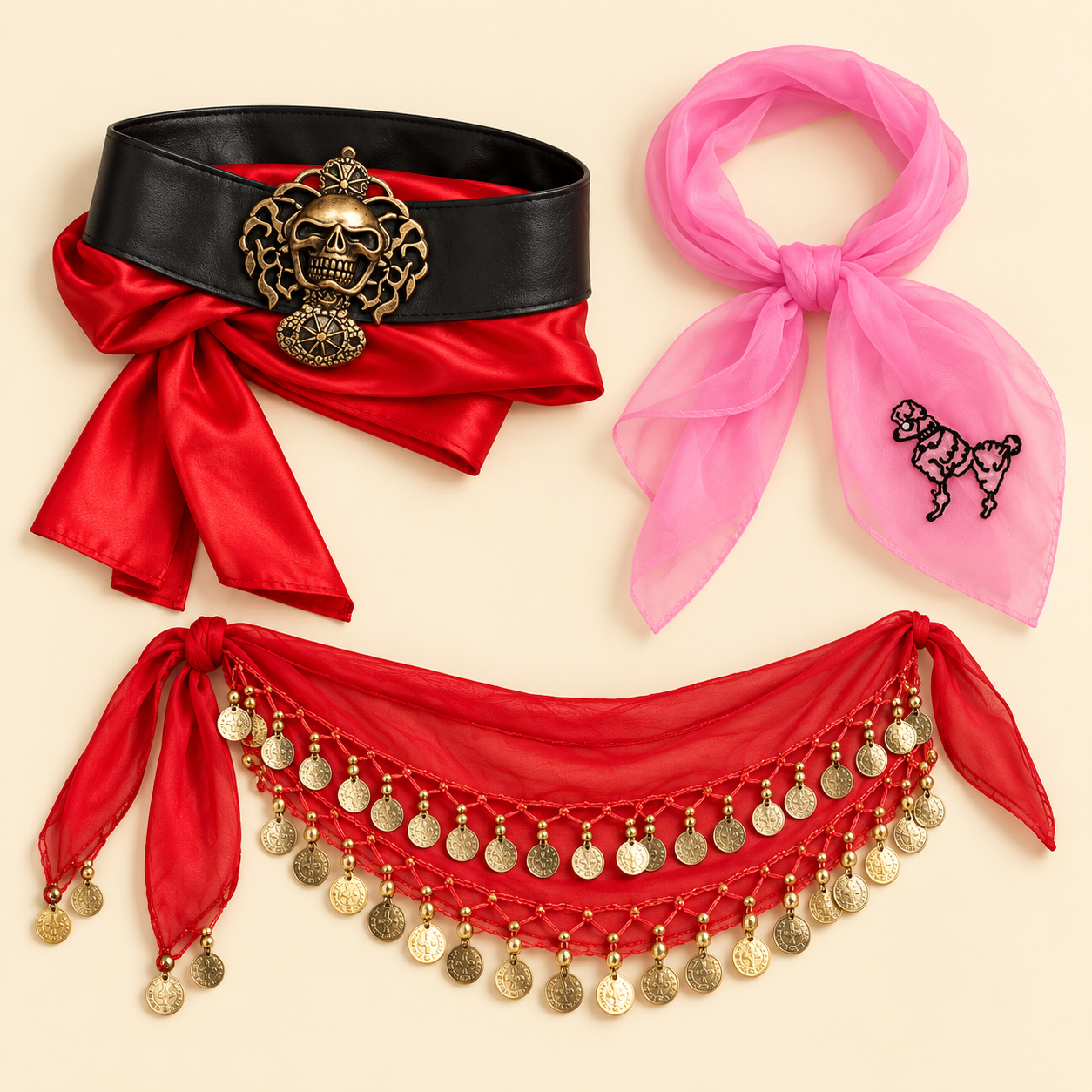 Black pirate belt with gold skull medallion and red sash, red coin-trimmed hip sash, and pink poodle scarf on a cream background.