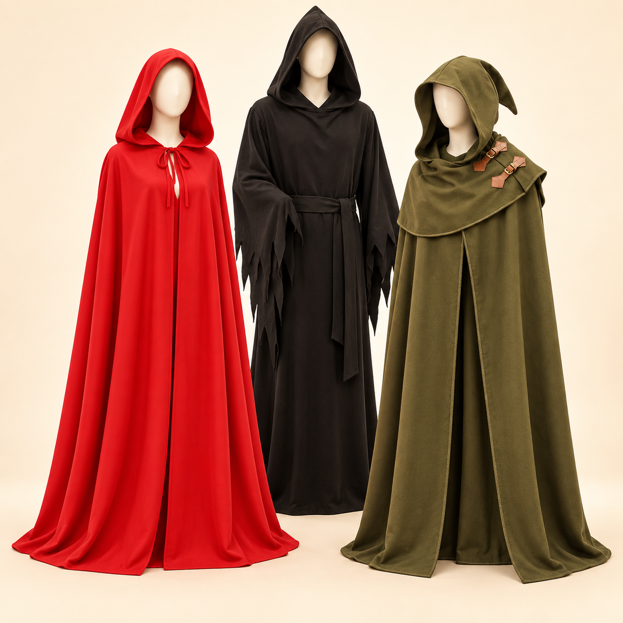 Red hooded cape, black terror robe, and olive-green elven cloak on ivory mannequins against a cream background.