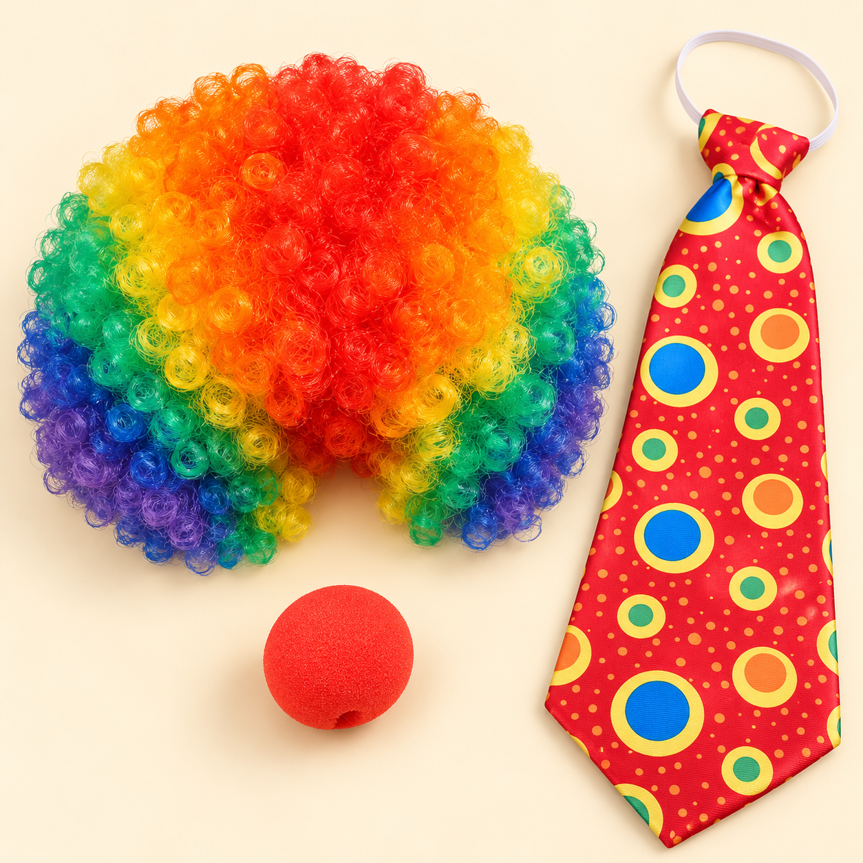 A rainbow curly clown wig, a jumbo red tie with colorful circular patterns, and a red foam clown nose on a cream background.