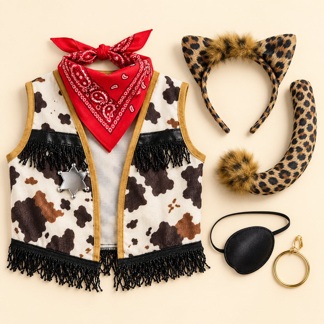 Western vest, bandana and badge, leopard ears and tail, and pirate eye patch and earring arranged on a cream background.
