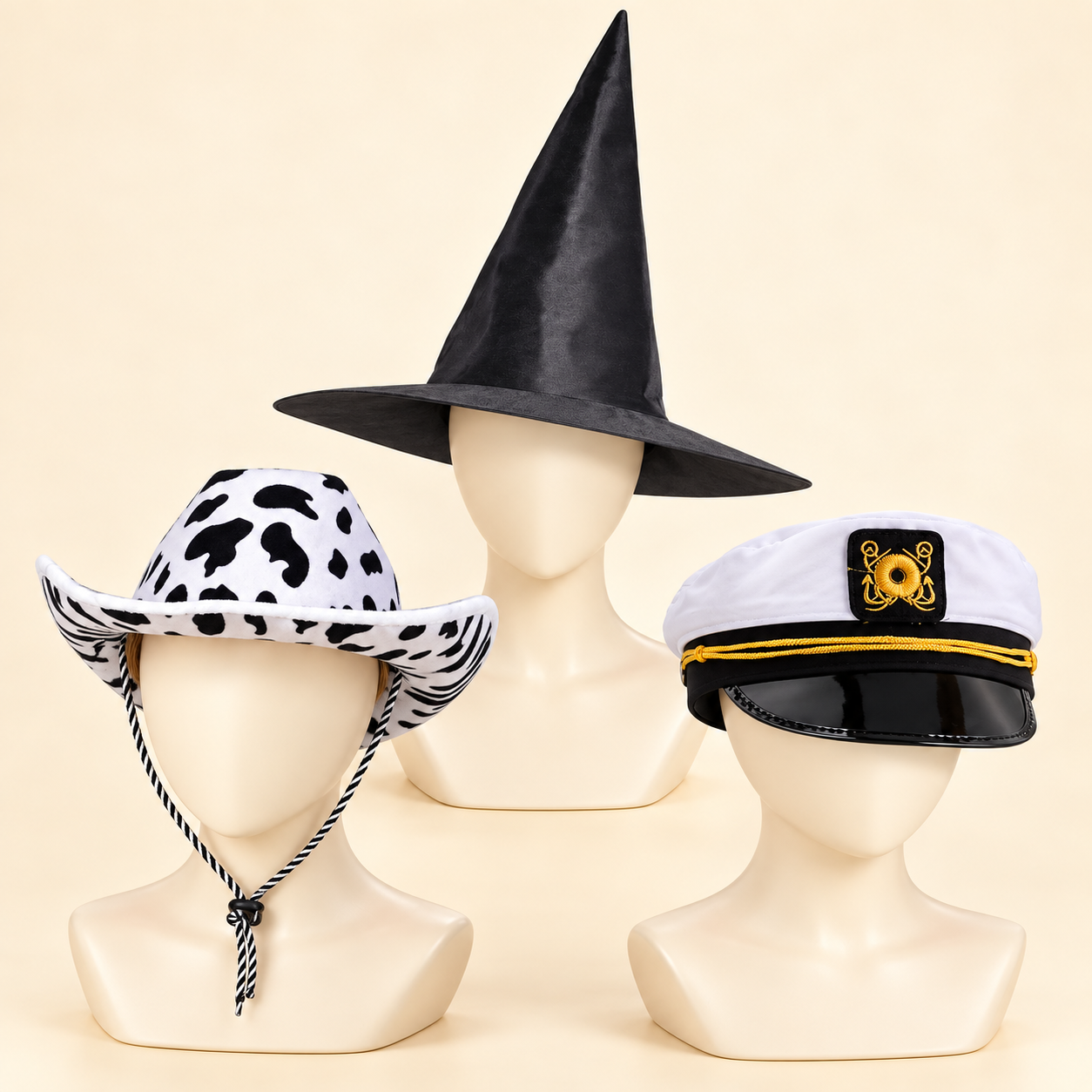 Black witch hat, cow-print cowboy hat and white captain's hat on ivory display busts.