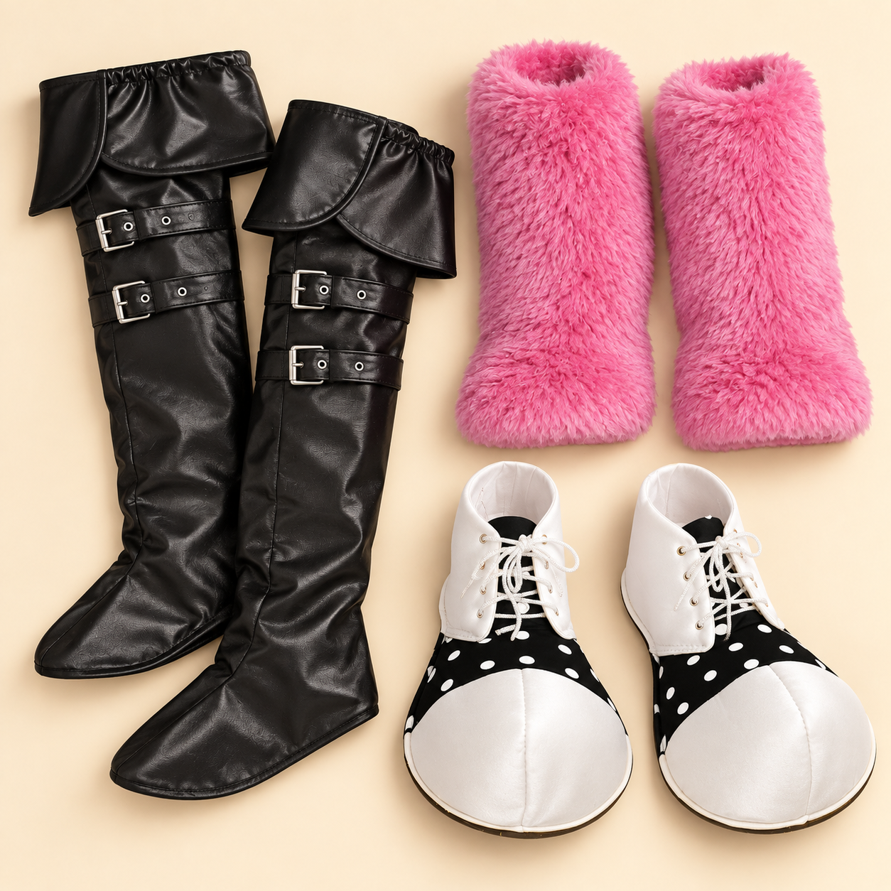 Black pirate boot covers with silver buckles, pink furry boot covers, and black-and-white polka-dot clown shoes on a cream background.