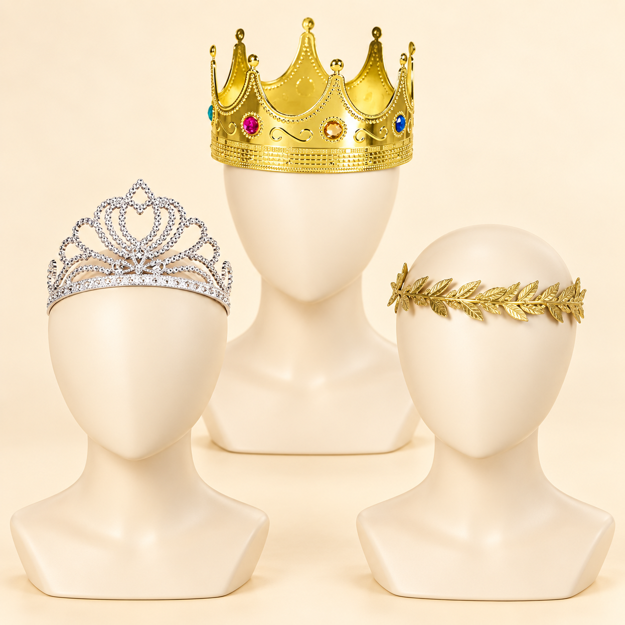 Jeweled gold crown, silver princess tiara and gold leaf head wreath on ivory display busts.