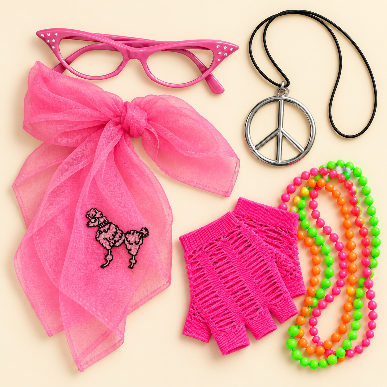 A pink poodle scarf and cat-eye glasses, silver peace necklace, pink fingerless gloves, and neon bead necklaces on a cream background.