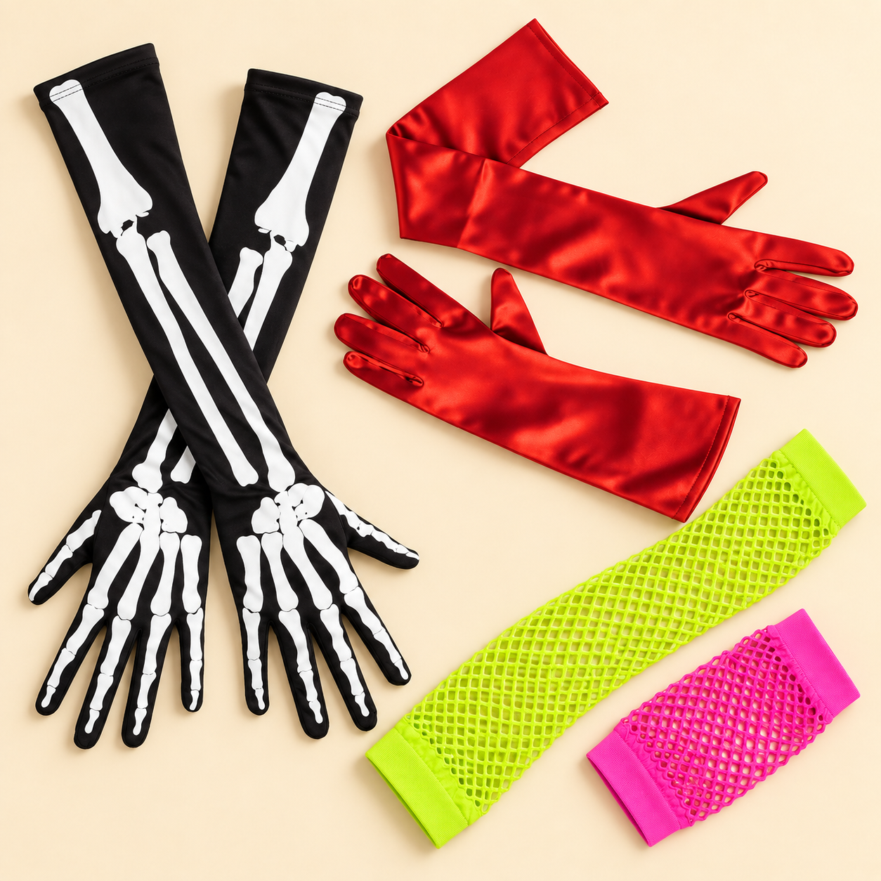 Black skeleton gloves, red satin gloves, and neon green and pink fishnet arm accessories on a cream background.