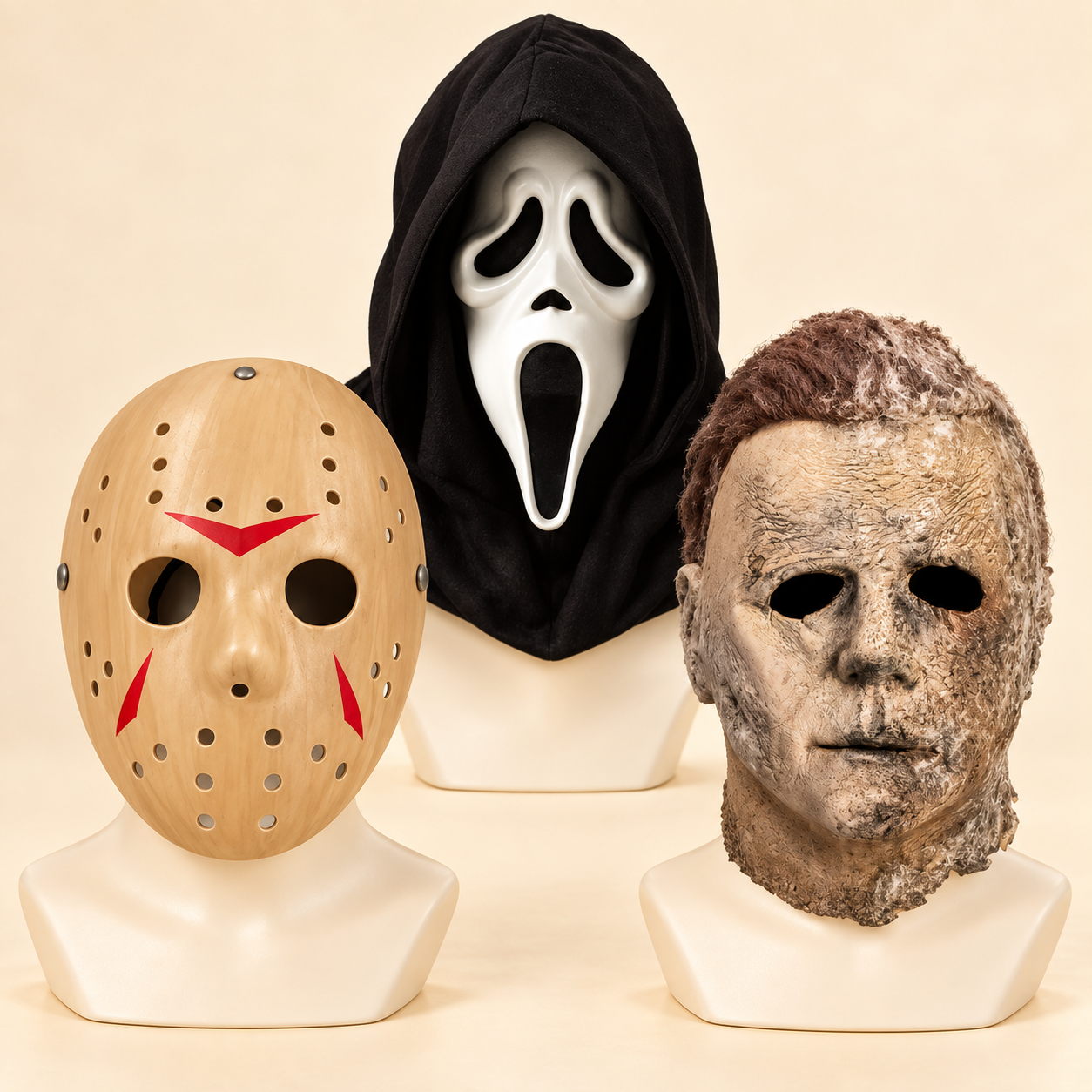 Ghost Face, Jason hockey and Halloween Ends Michael Myers costume masks displayed on ivory mannequin busts.