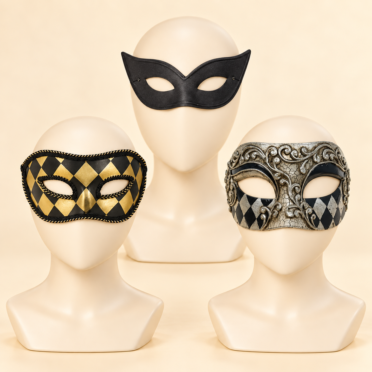 Black eye mask, black and gold harlequin mask, and silver Venetian mask displayed on ivory mannequin busts.