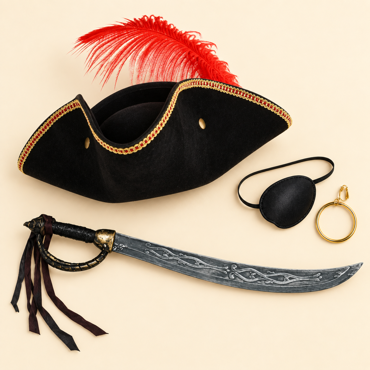 A black pirate tricorn hat with gold trim and a red feather, a costume sword, and a black eye patch with a gold hoop earring on a cream background.