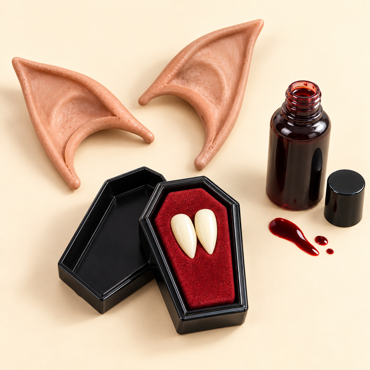 Vampire fangs in a coffin-shaped case, pointed latex elf ears and stage blood on a cream background.