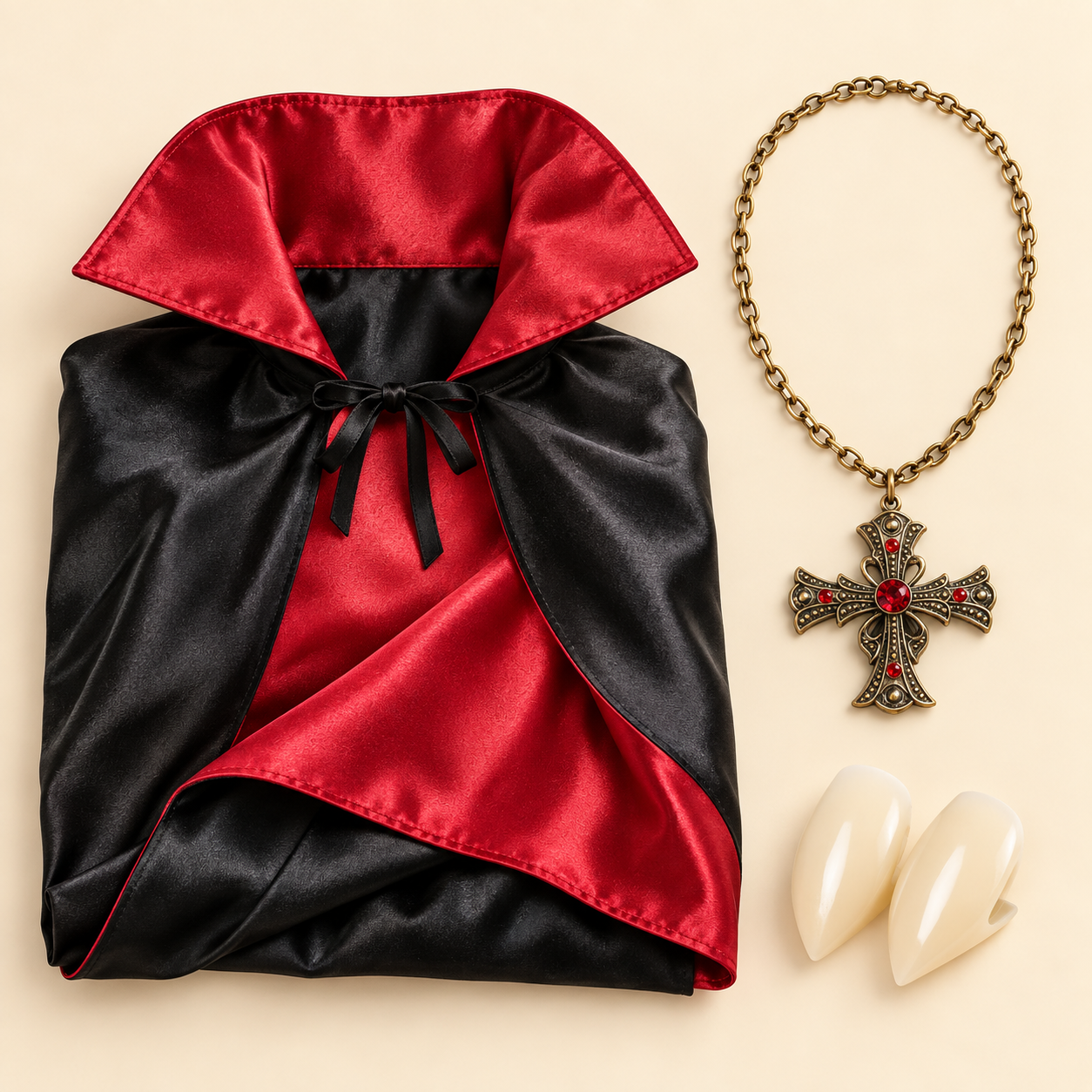 Black-and-red satin vampire cape, ivory costume fangs, and antique-gold cross necklace with red stones on a cream background.
