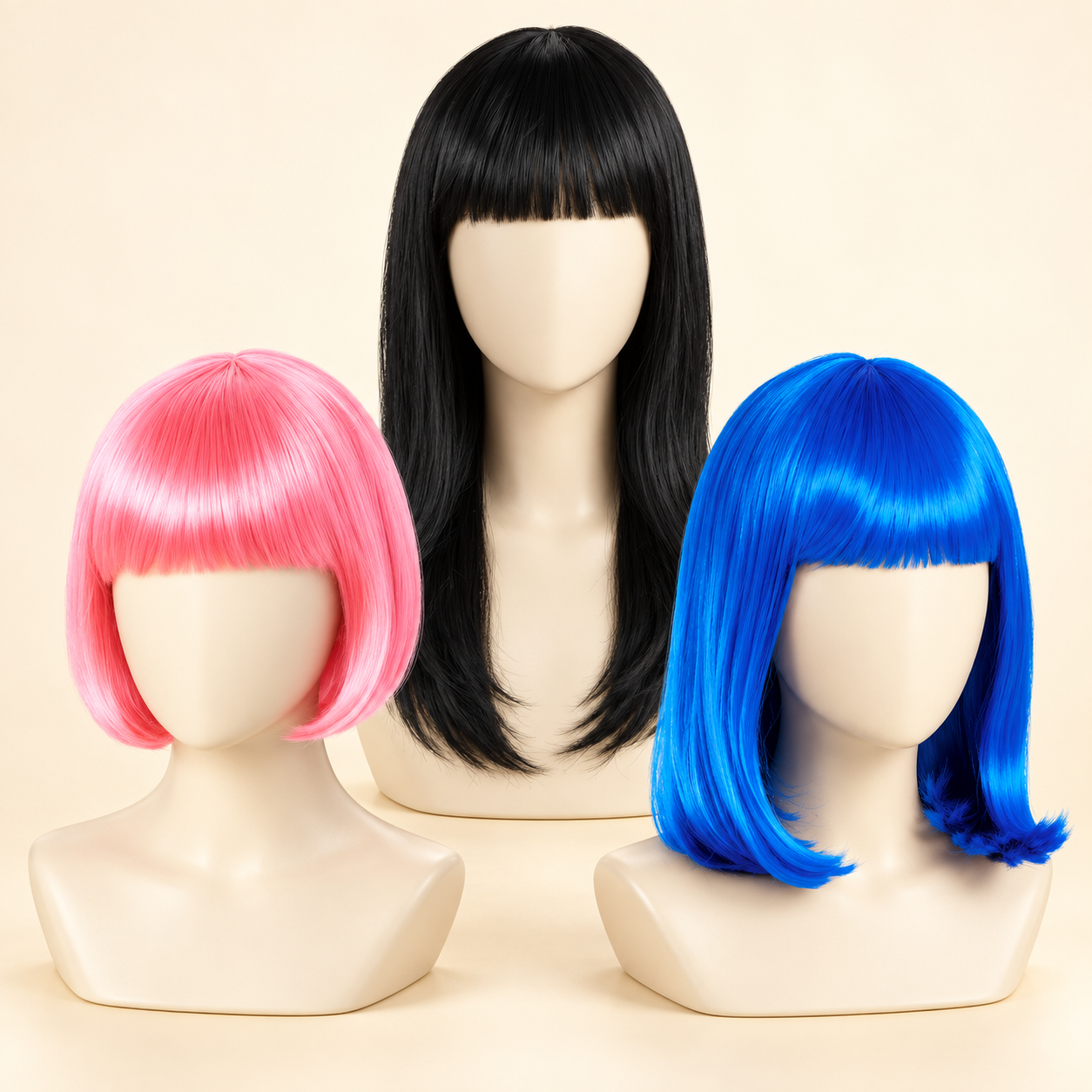 Pink bob, blue Peggy Sue and long black costume wigs on display busts.