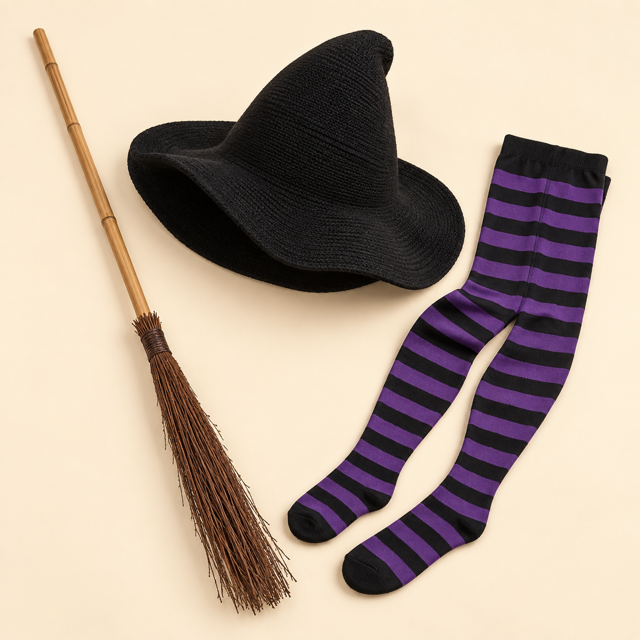 Black knitted Salem witch hat, wooden costume broom, and purple-and-black striped tights on a cream background.