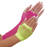 Neon pink and green fishnet costume gloves