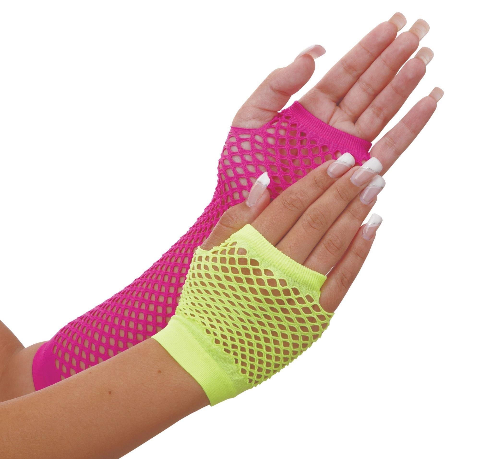 Neon pink and green fishnet costume gloves