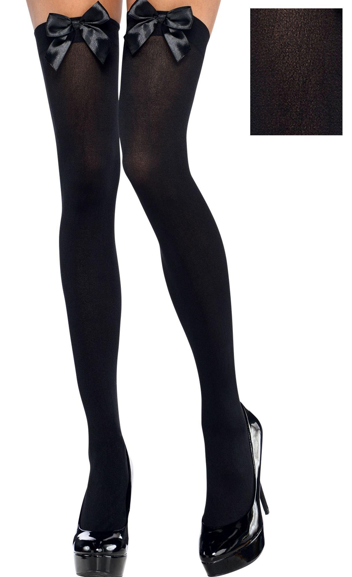 Black thigh-high costume stockings with satin bows