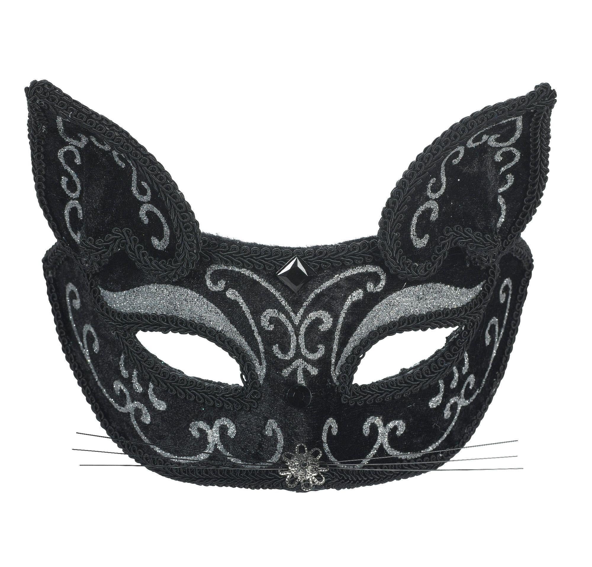 Deluxe black and silver glitter cat costume mask