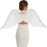 White guardian angel costume wings with iridescent glitter feather details