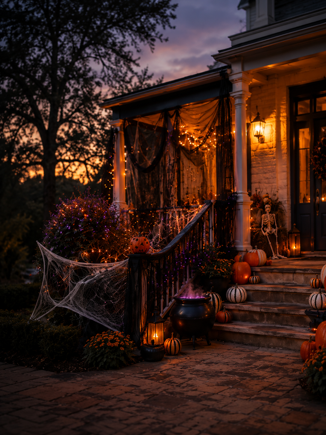 A beautifully decorated front porch at dusk, styled for Halloween with hanging cobwebs, string lights, pumpkins, a cauldron, a skeleton figure, and warm lanterns glowing on the steps.